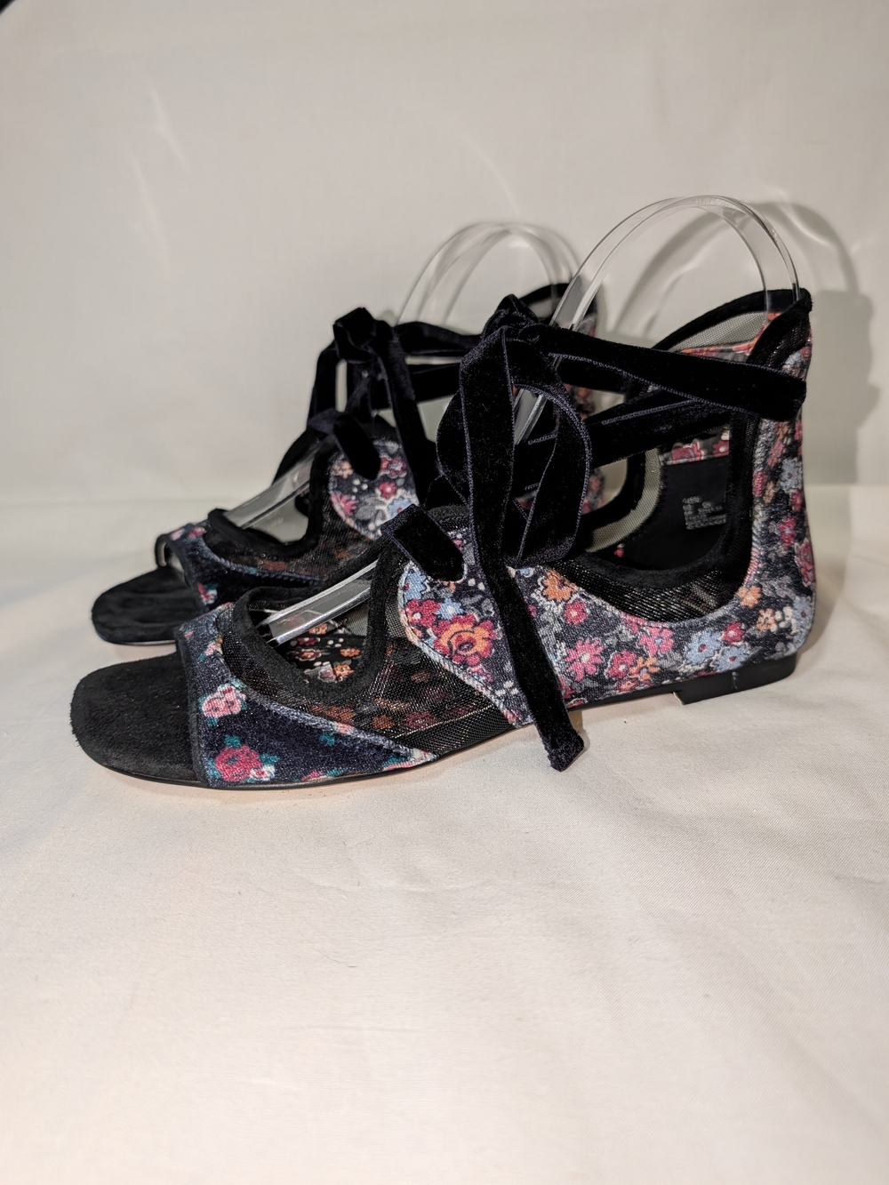 Coach X Tabitha Simmons Black Floral/Velvet Lace Up Sandals
